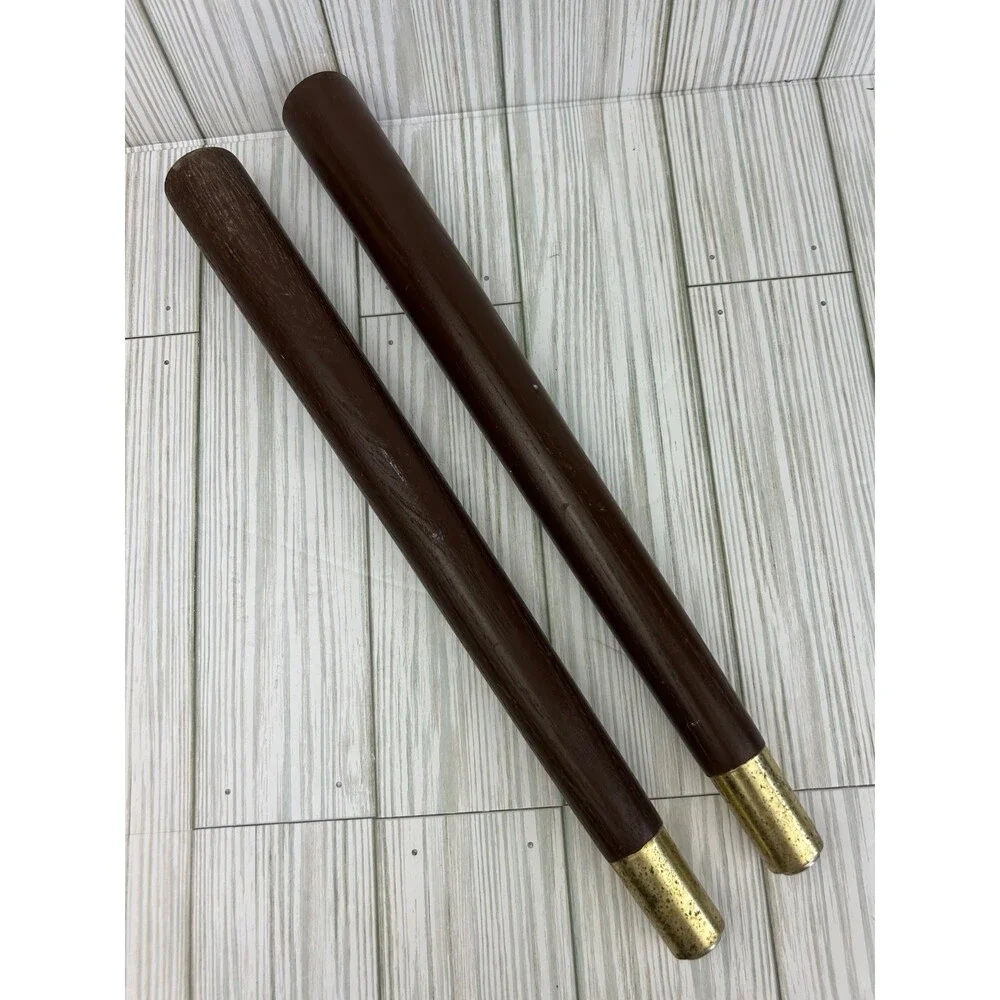 2 Vintage MCM Table/Chair Legs Tapered Wood Gold Brass Metal Cap 14